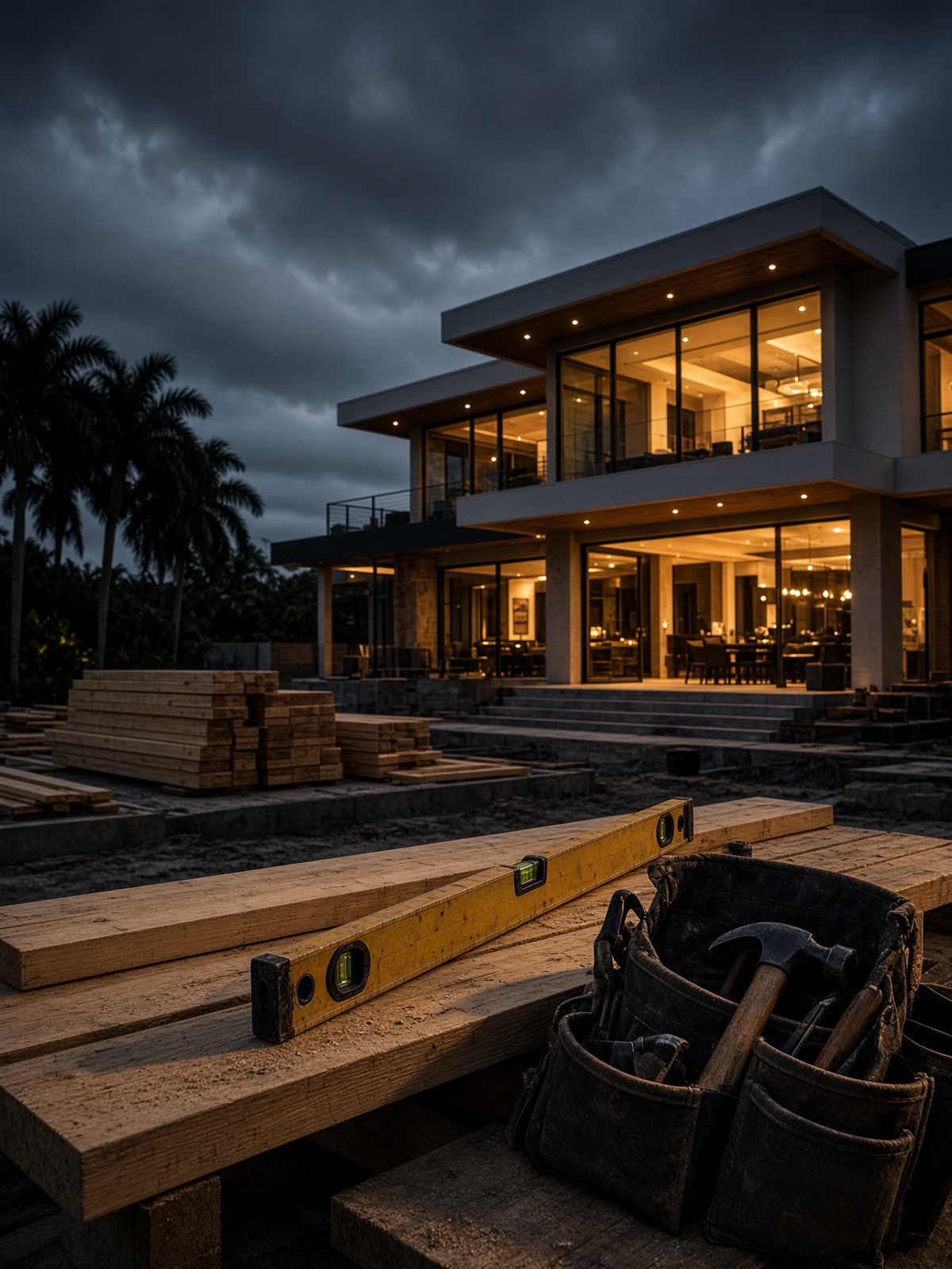 A finished custom home at dusk